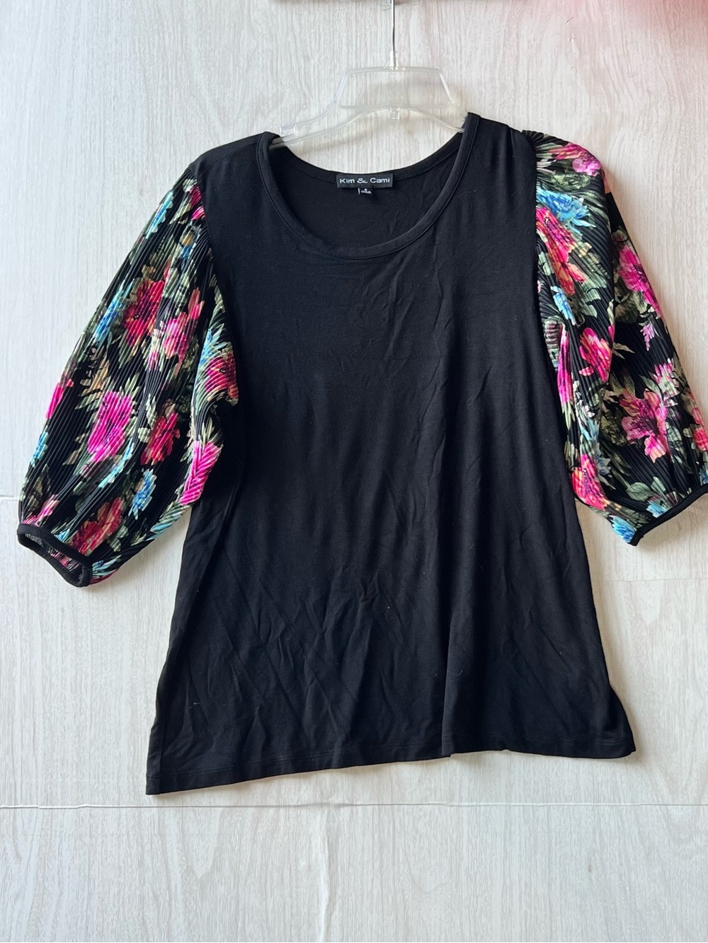 Kim & Cami Black Tee with Floral Puff Sleeves